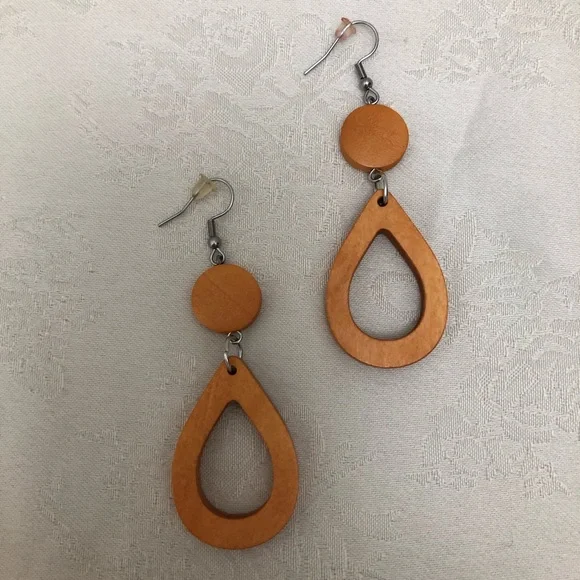Wooden Women Dangle Drop Light Brown African Natural Earrings - Picture 2 of 6